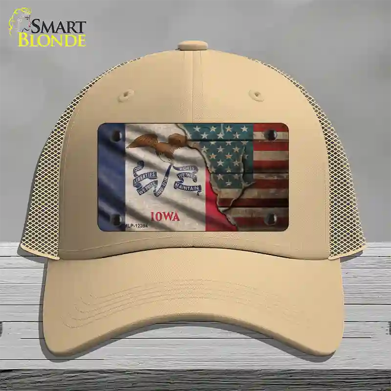 Iowa/American Flag Novelty License Plate Hat Mesh / Khaki