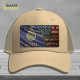 Kansas/American Flag Novelty License Plate Hat Mesh / Khaki