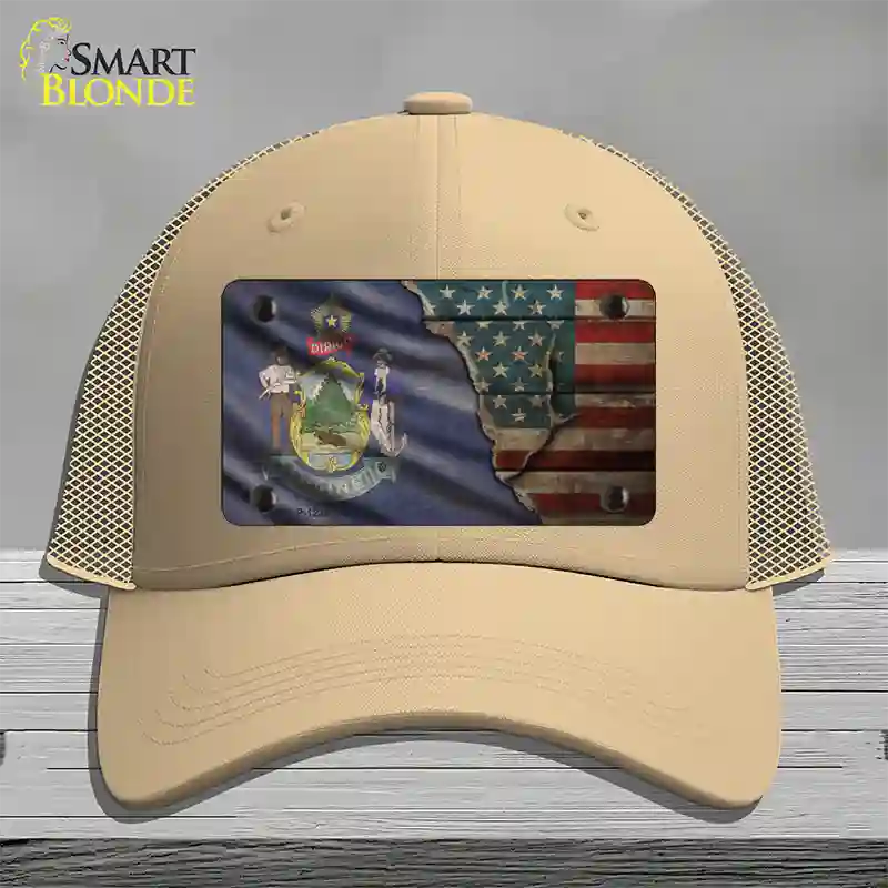 Maine/American Flag Novelty License Plate Hat Mesh / Khaki