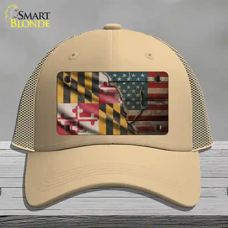 Maryland/American Flag Novelty License Plate Hat Mesh / Khaki