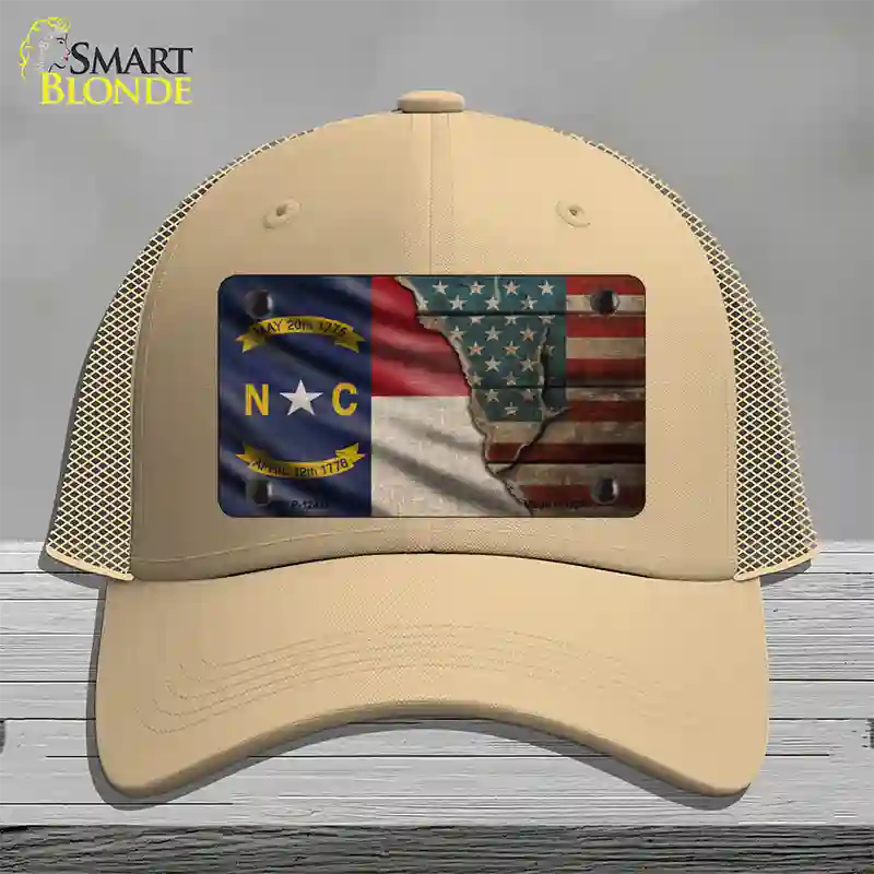 North Carolina/American Flag Novelty License Plate Hat Mesh / Khaki