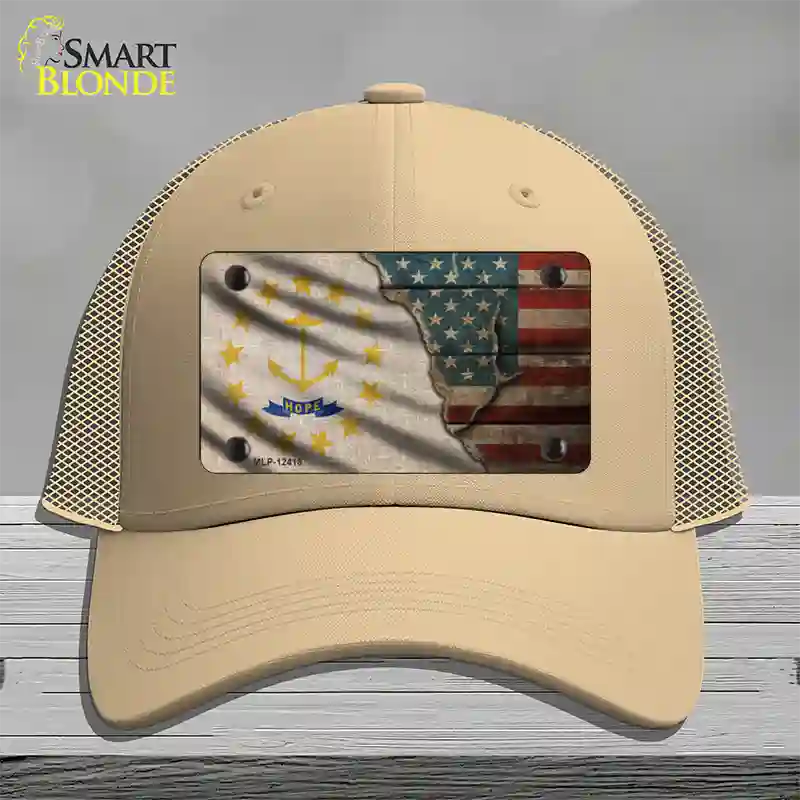 Rhode Island/American Flag Novelty License Plate Hat Mesh / Khaki