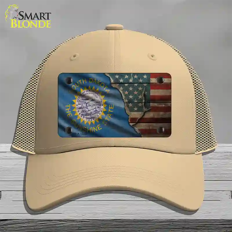 South Dakota/American Flag Novelty License Plate Hat Mesh / Khaki