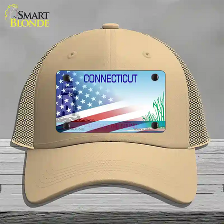 Connecticut Preserve with American Flag Novelty License Plate Hat Mesh / Khaki