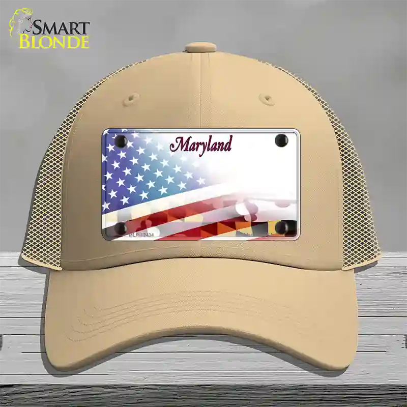 Maryland State with American Flag Novelty License Plate Hat Mesh / Khaki