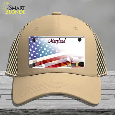 Maryland State with American Flag Novelty License Plate Hat Mesh / Khaki