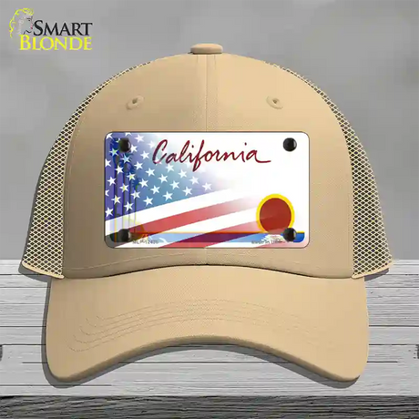 California Palm Plate American Flag Novelty License Plate Hat Mesh / Khaki