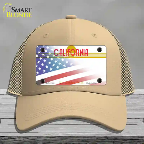 California Golden with American Flag Novelty License Plate Hat Mesh / Khaki