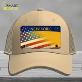 New York Yellow with American Flag Novelty License Plate Hat Mesh / Khaki