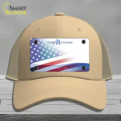 Pure Michigan Plate American Flag Novelty License Plate Hat Mesh / Khaki