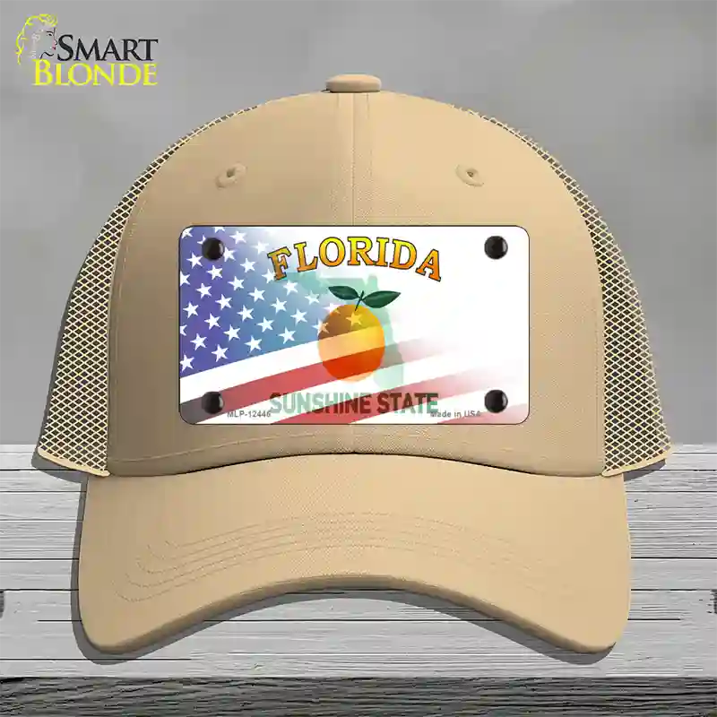 Florida Orange with American Flag Novelty License Plate Hat Mesh / Khaki