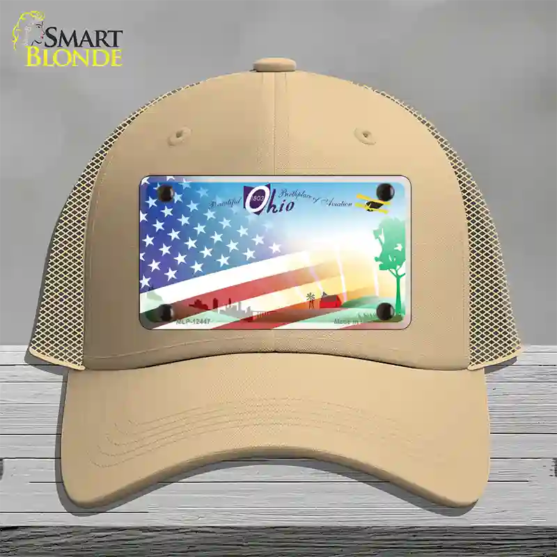 Ohio Birthplace with American Flag Novelty License Plate Hat Mesh / Khaki