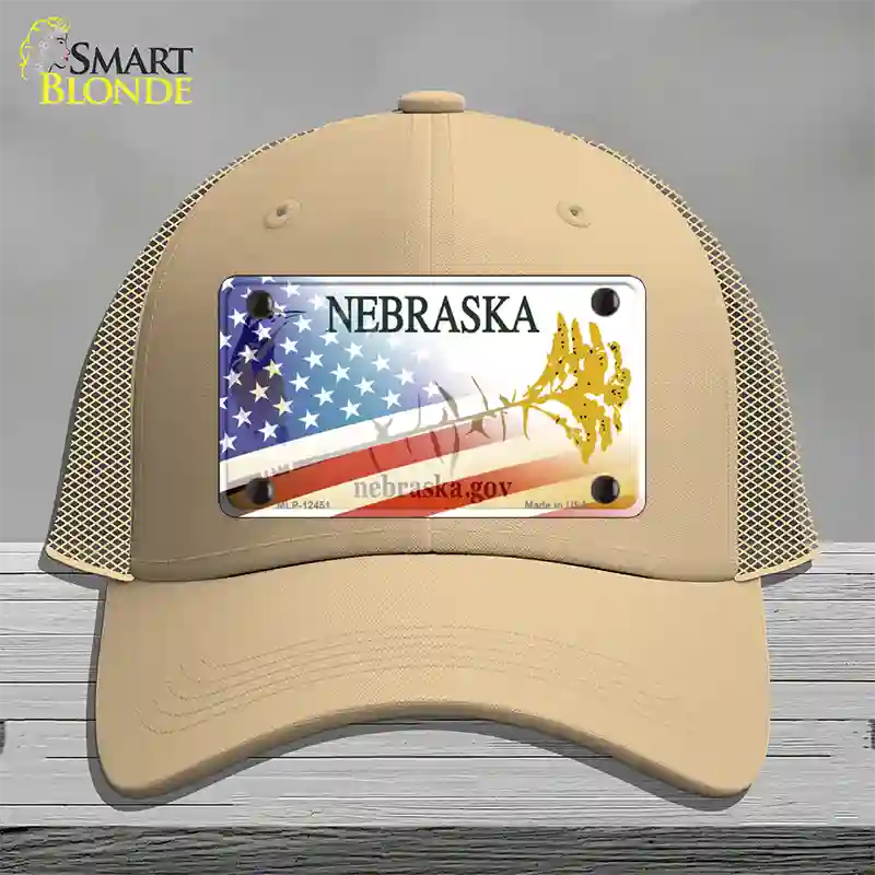 Nebraska Plate American Flag Novelty License Plate Hat Mesh / Khaki