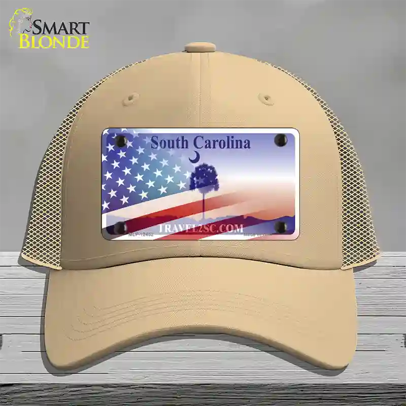 South Carolina Travel Plate American Flag Novelty License Plate Hat Mesh / Khaki