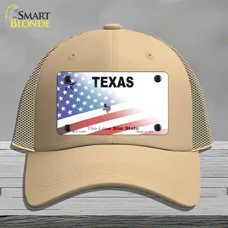 Texas White with American Flag Novelty License Plate Hat Mesh / Khaki