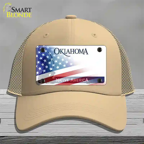 Oklahoma Bow with American Flag Novelty License Plate Hat Mesh / Khaki