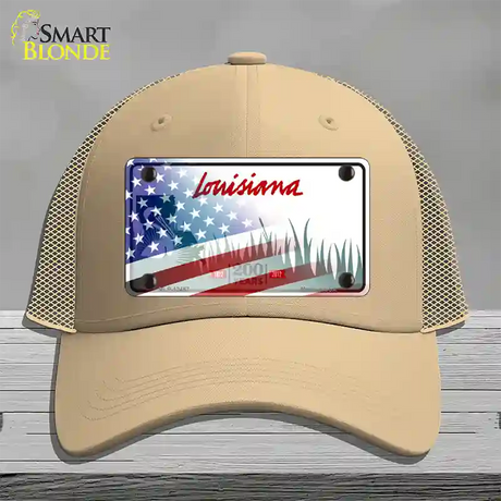 Louisiana 200 Years with American Flag Novelty License Plate Hat Mesh / Khaki