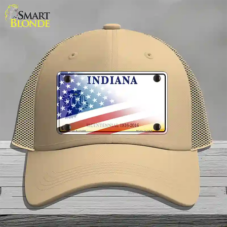 Indiana Bicentennial with American Flag Novelty License Plate Hat Mesh / Khaki