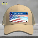 Michigan Splendor with American Flag Novelty License Plate Hat Mesh / Khaki