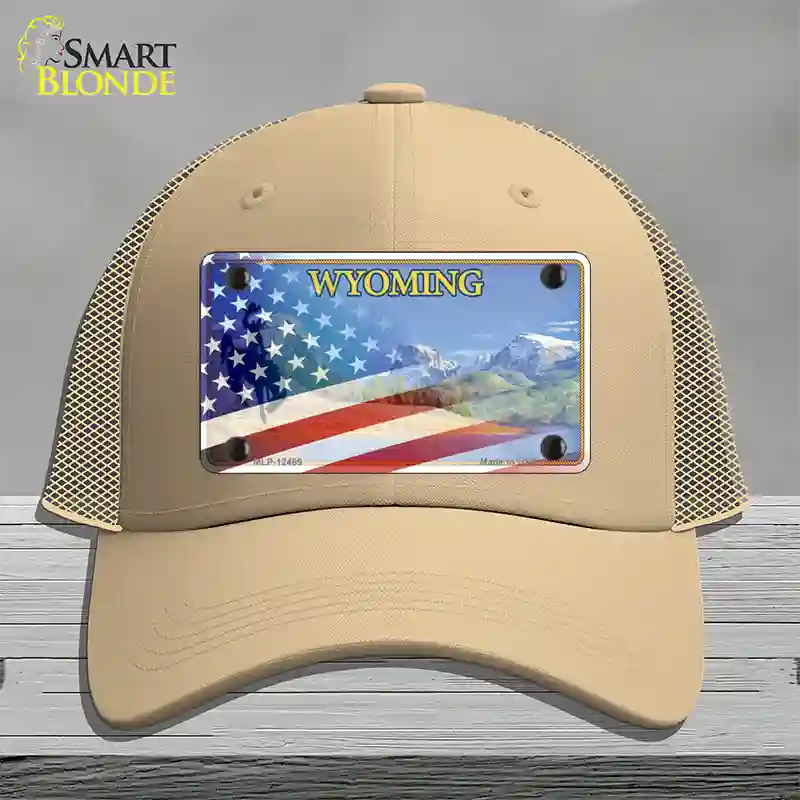 Wyoming State with American Flag Novelty License Plate Hat Mesh / Khaki