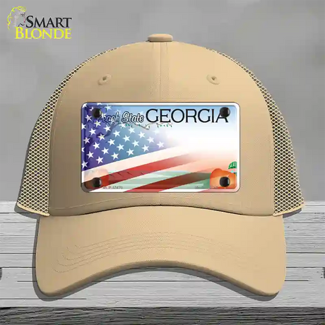 Georgia Peach with American Flag Novelty License Plate Hat Mesh / Khaki