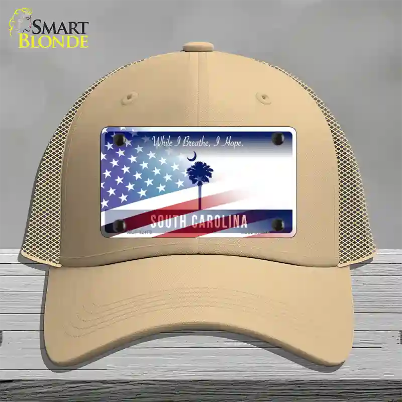 South Carolina Blue with American Flag Novelty License Plate Hat Mesh / Khaki