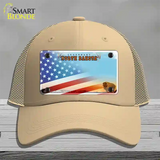 North Dakota Legendary with American Flag Novelty License Plate Hat Mesh / Khaki