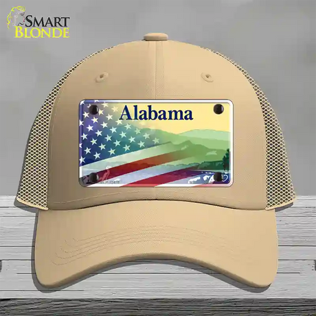 Alabama State Blank Novelty License Plate Hat Mesh / Khaki / Alabama Mountains (9502):https | Half American Flag | Yes