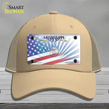 Mississippi Blue with American Flag Novelty License Plate Hat Mesh / Khaki