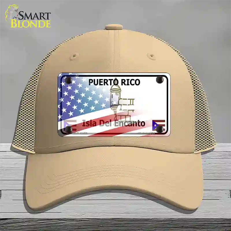 Puerto Rico with American Flag Novelty License Plate Hat Mesh / Khaki