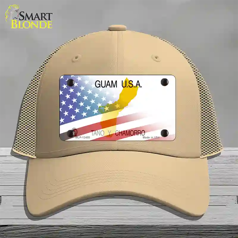 Guam with American Flag Novelty License Plate Hat Mesh / Khaki