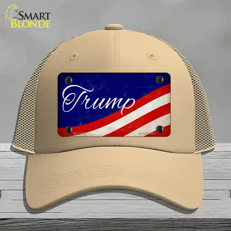 Trump on Waving Flag Novelty License Plate Hat Mesh / Khaki