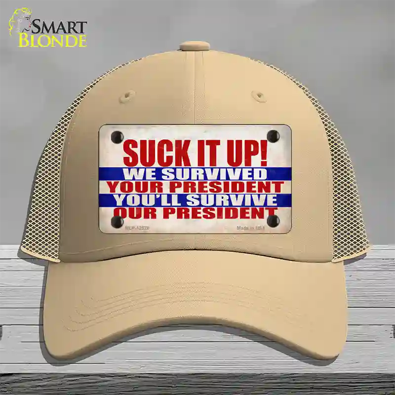 Suck It Up We Survived Novelty License Plate Hat Mesh / Khaki