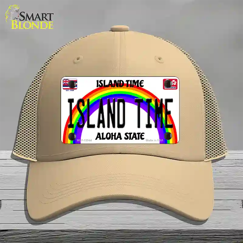 Island Time Hawaii Novelty License Plate Hat Mesh / Khaki