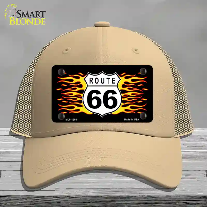 Route 66 Flames Novelty License Plate Hat Mesh / Khaki