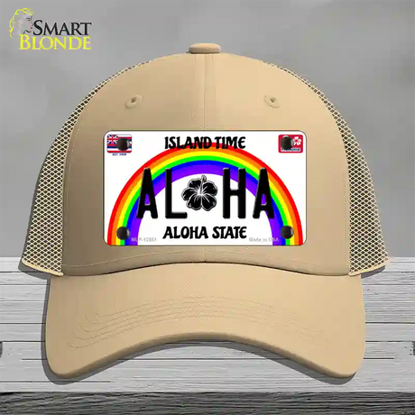 Aloha Hawaii Island Time Novelty License Plate Hat Mesh / Khaki