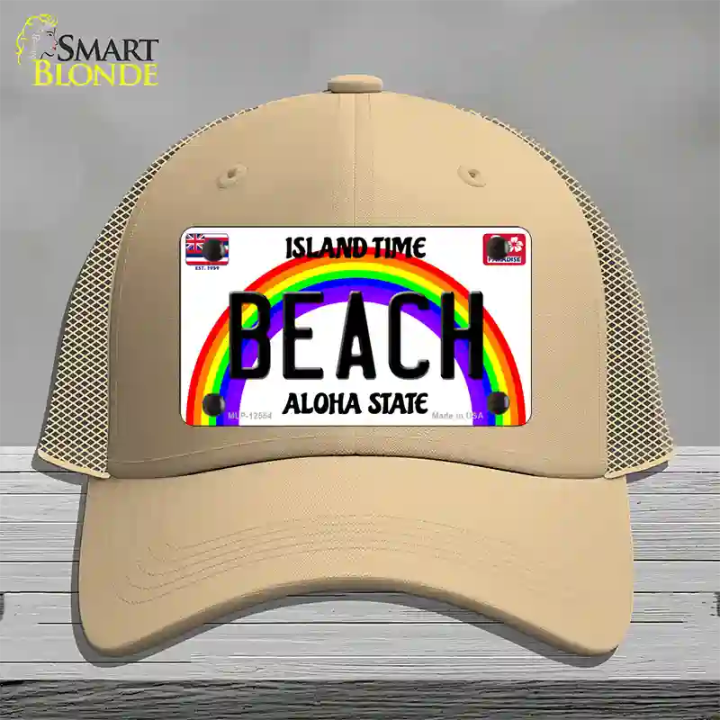 Beach Hawaii Novelty License Plate Hat Mesh / Khaki