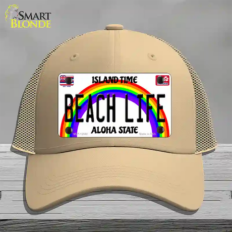 Beach Life Hawaii Novelty License Plate Hat Mesh / Khaki