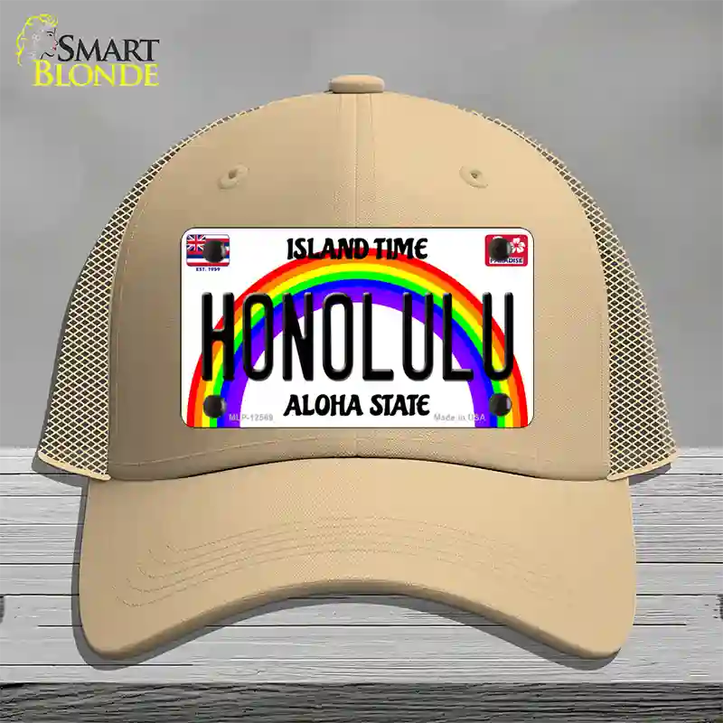 Honolulu Hawaii Novelty License Plate Hat Mesh / Khaki