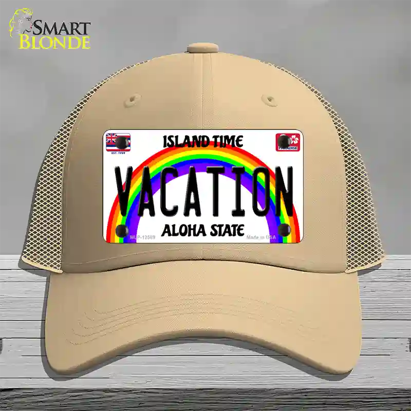 Vacation Hawaii Novelty License Plate Hat Mesh / Khaki