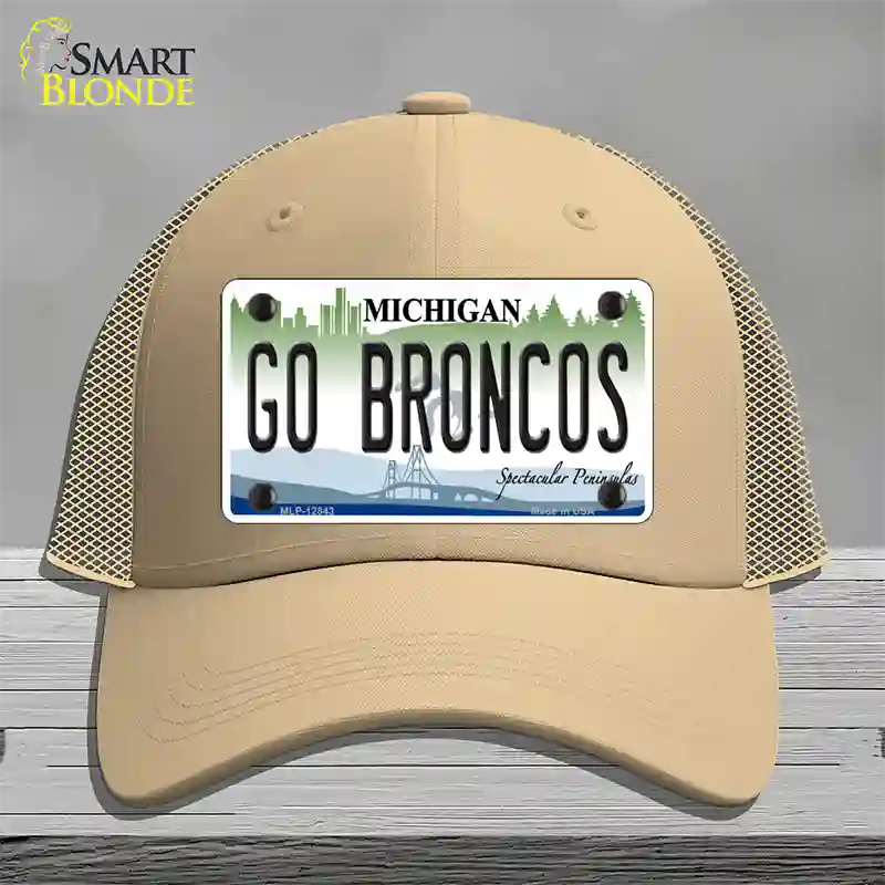 Go Broncos Michigan Novelty License Plate Hat Mesh / Khaki