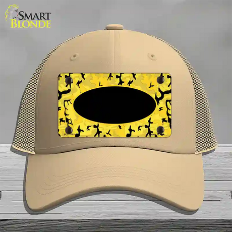 Yellow Black Camouflage With Black Center Oval Novelty License Plate Hat Mesh / Khaki