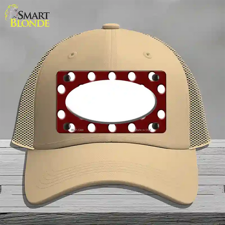 White Burgundy Polka Dot White Center Oval Novelty License Plate Hat Mesh / Khaki