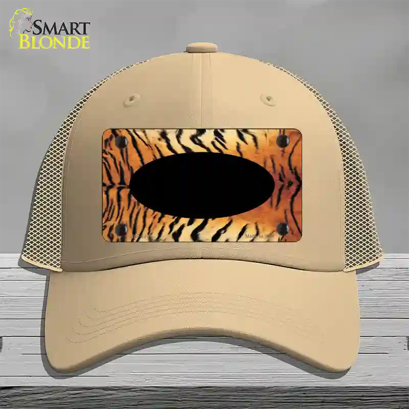 Tiger With Black Center Oval Novelty License Plate Hat Mesh / Khaki