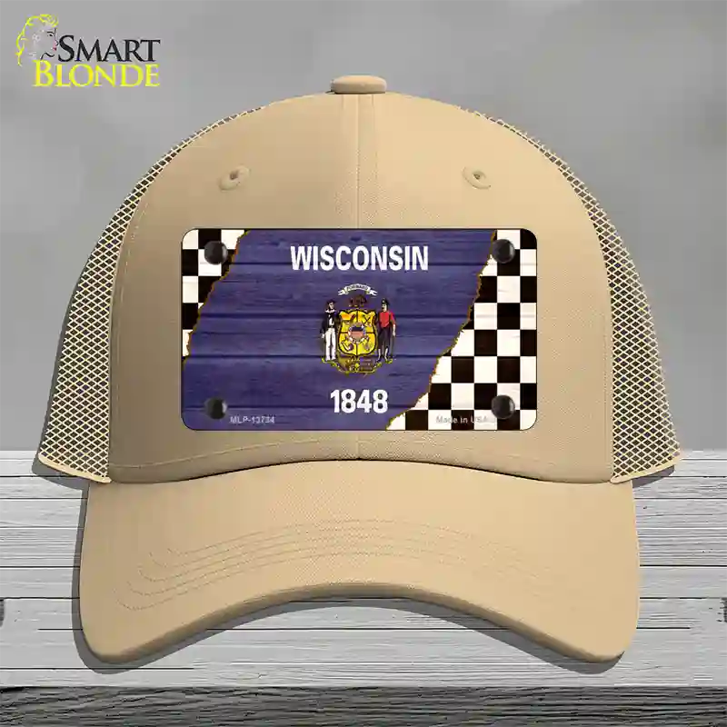 Wisconsin Racing Flag Novelty License Plate Hat Tag Mesh / Khaki