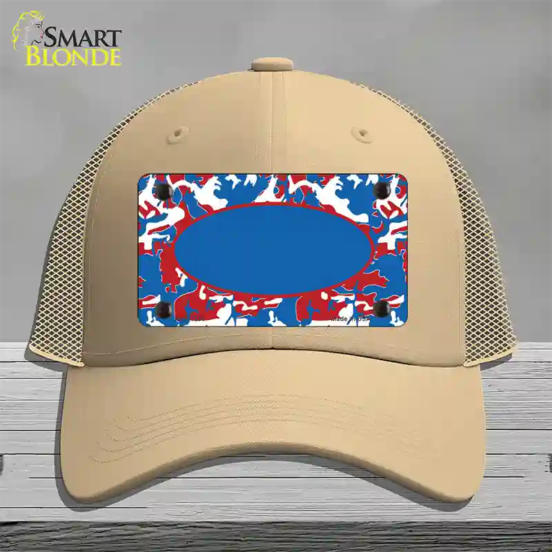 Patriotic Camouflage With Blue Center Oval Novelty License Plate Hat Mesh / Khaki