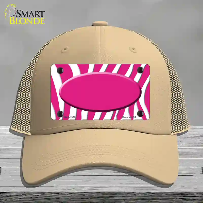 Hot Pink White Zebra Center Oval Novelty License Plate Hat Mesh / Khaki