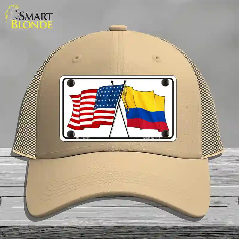 Colombia USA Crossed Flags Novelty License Plate Hat Tag Mesh / Khaki