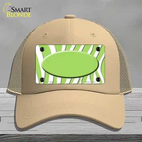 Lime Green White Zebra Center Oval Novelty License Plate Hat Mesh / Khaki