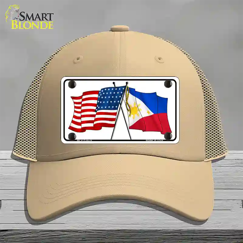 Philippines US Crossed Flag Novelty License Plate Hat Tag Mesh / Khaki